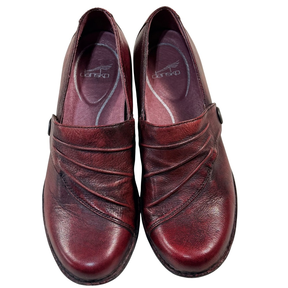 Dansko Burgundy Leather Pleatedโ Clogs Slip On Wedge Shoes EU 37 US 6.5-7 Wine